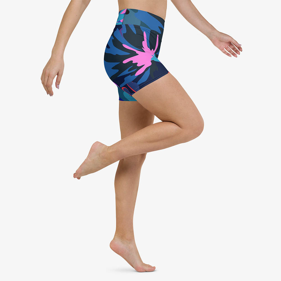 Floral Yoga Shorts "Flower Splash" Blue/Pink