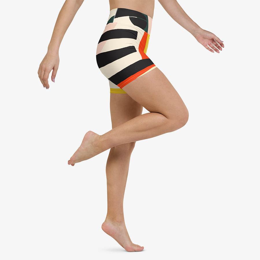 Printed Yoga Shorts "Stripe Art" Black/Red/Yellow