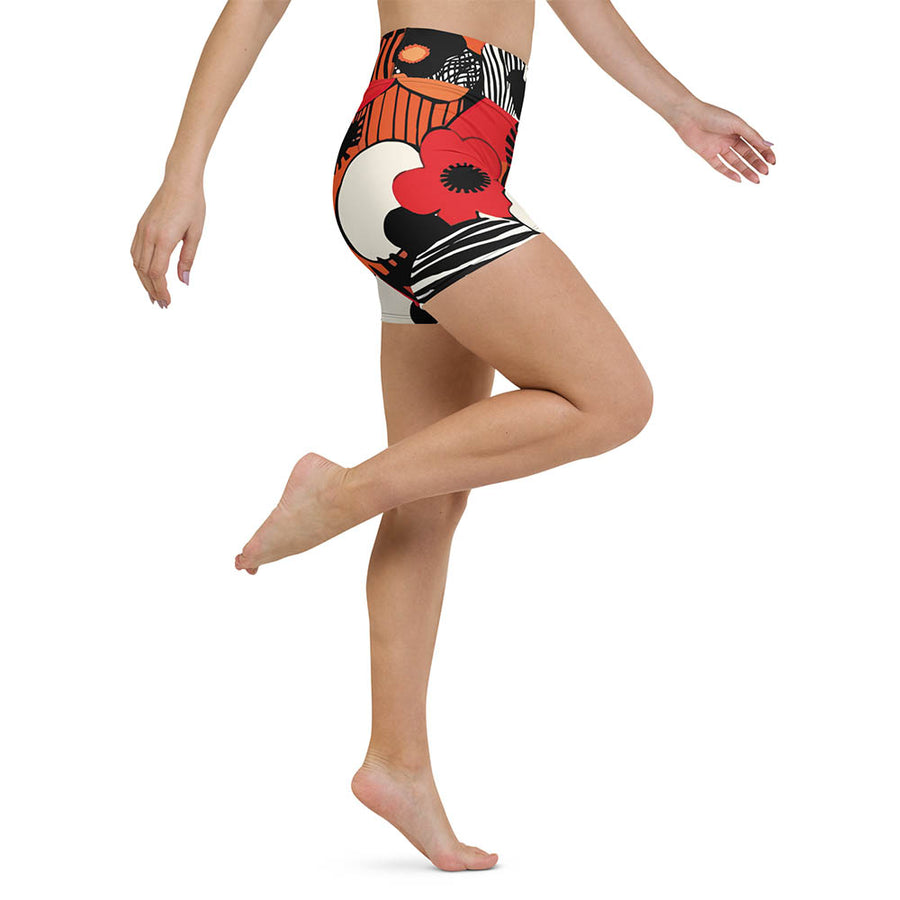 Floral Yoga Shorts "Zebra Blossom" Black/Red/Orange