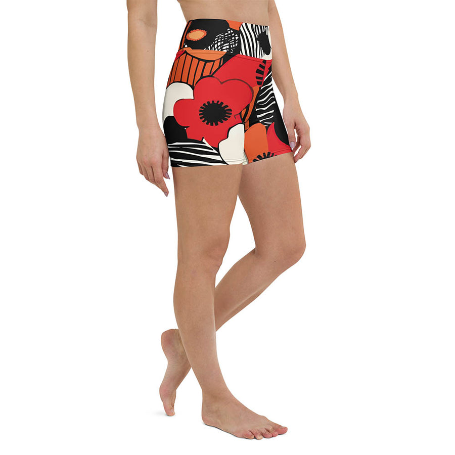 Floral Yoga Shorts "Zebra Blossom" Black/Red/Orange