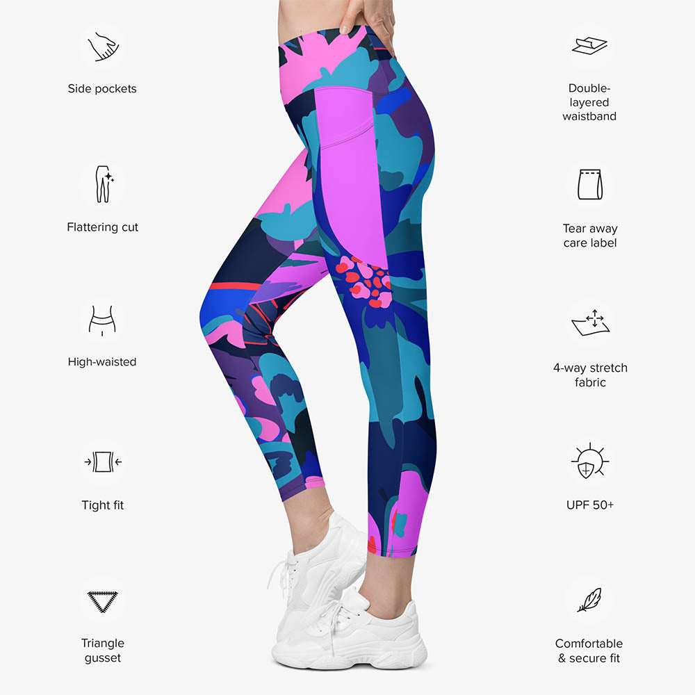 Flower Splash Pocket Leggings – Blue/Fuchsia