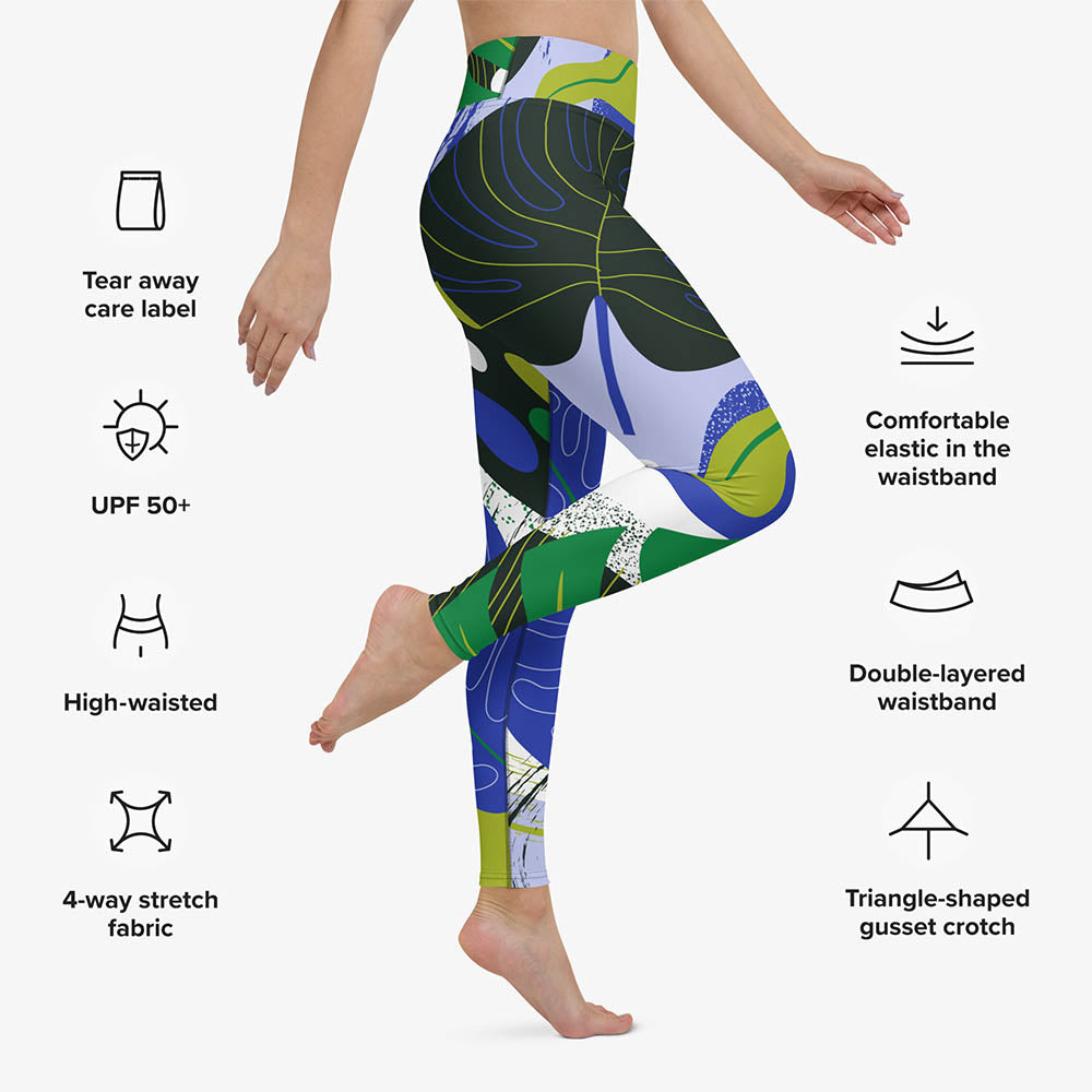 WAREHOUSE Floral Leggings "Abstract Leaves" Black/Blue/Green