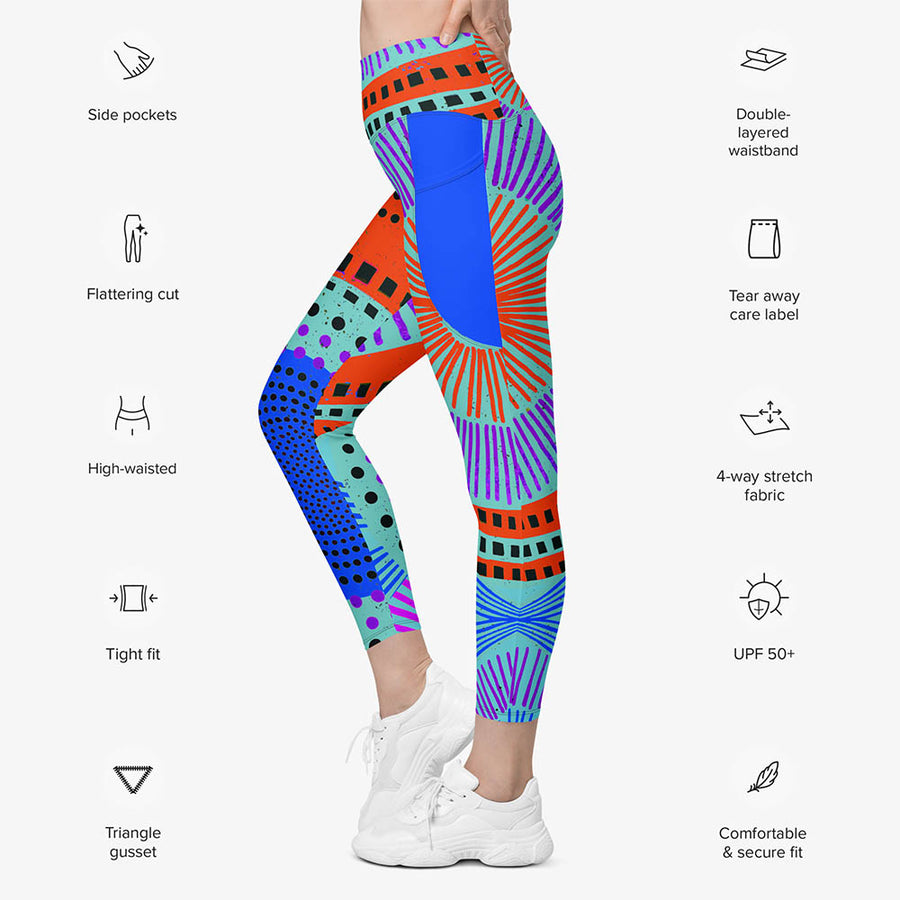 Recycled Printed Leggings "Ethno Pop" Turquoise/Red with pockets