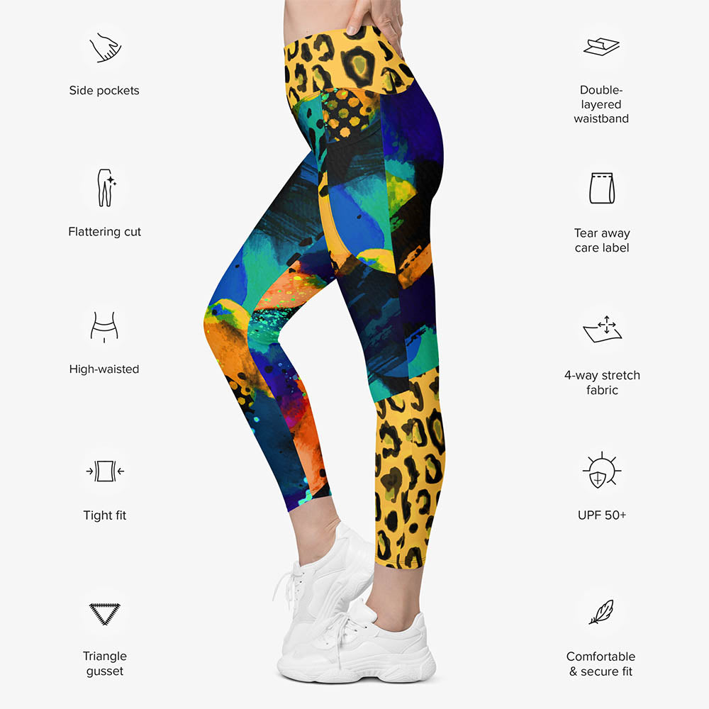 WAREHOUSE Animal Printed Leggings "Wild Canvas" Blue/Yellow with pockets