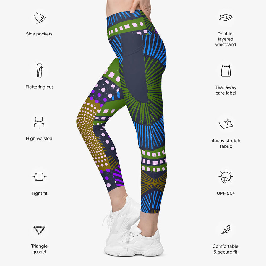 Recycled Printed Leggings "Ethno Pop" Blue/Green with pockets