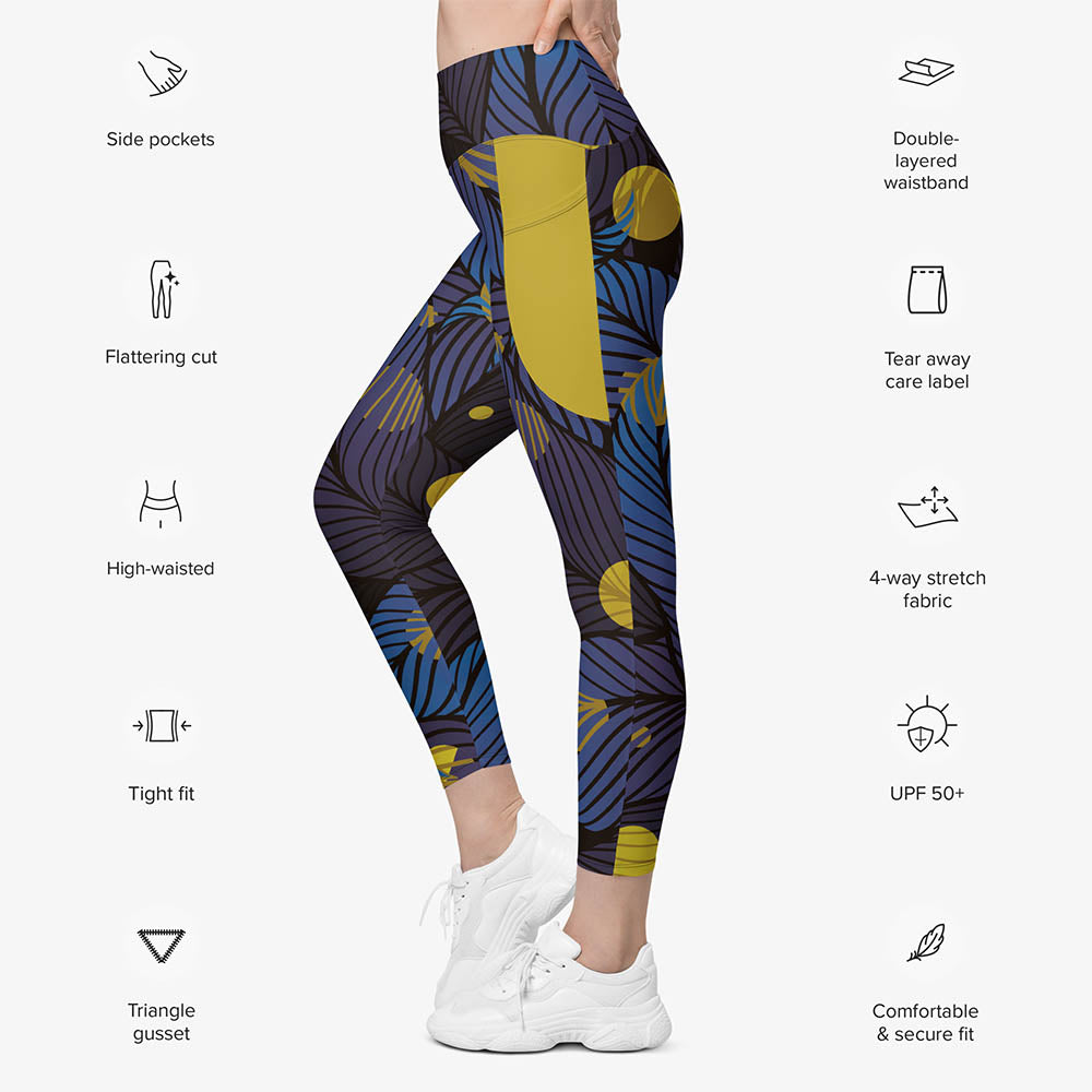 WAREHOUSE Recycled Floral Leggings "Fireflies" Blue/Yellow with Pockets
