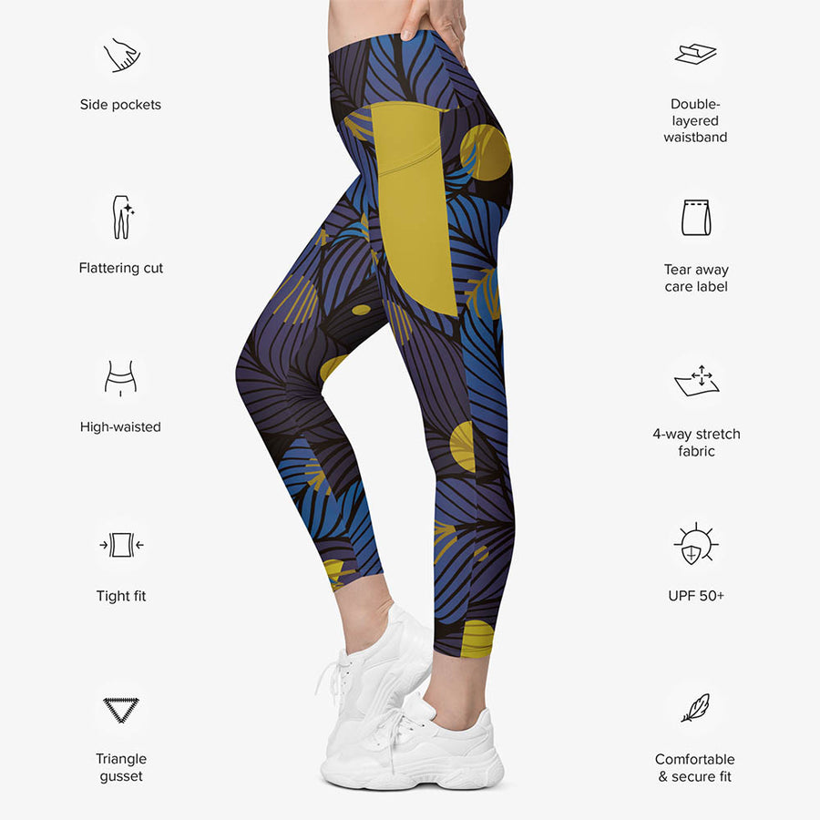 Recycled Floral Leggings "Fireflies" Blue/Yellow with Pockets