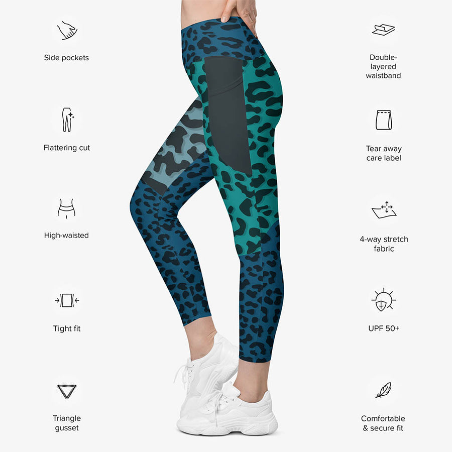 Recycled Animal Printed Leggings "FrankenCheetah" Blue/Teal with Pockets