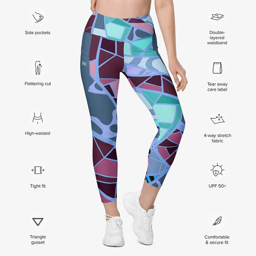 Recycled Patterned Leggings "Mosaic" Blue/Plum with Pockets