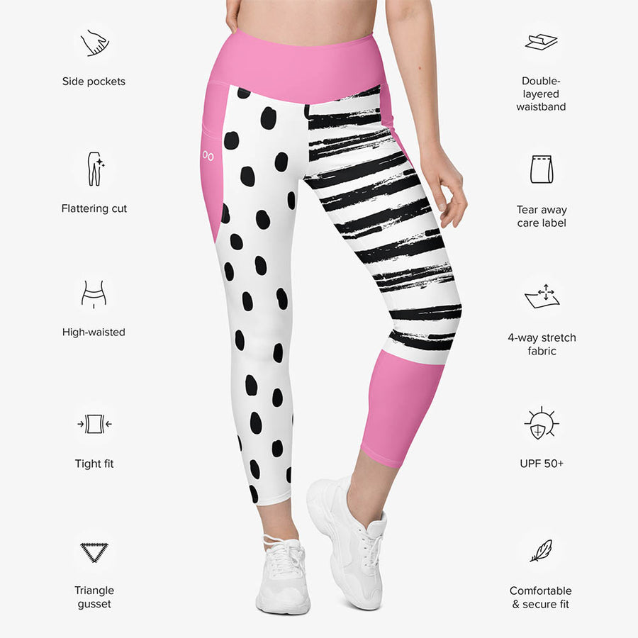 Recycled Printed Leggings "Dots&Stripes" Pink with pockets