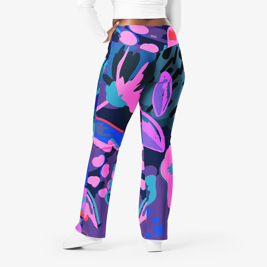 Recycled Flare leggings "Flower Splash" Blue/Fuchsia