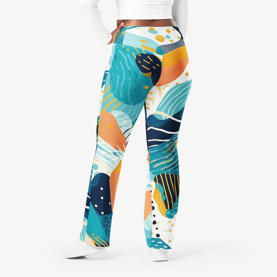 Recycled Flare leggings "Seascape" Turquoise/Blue/Yellow