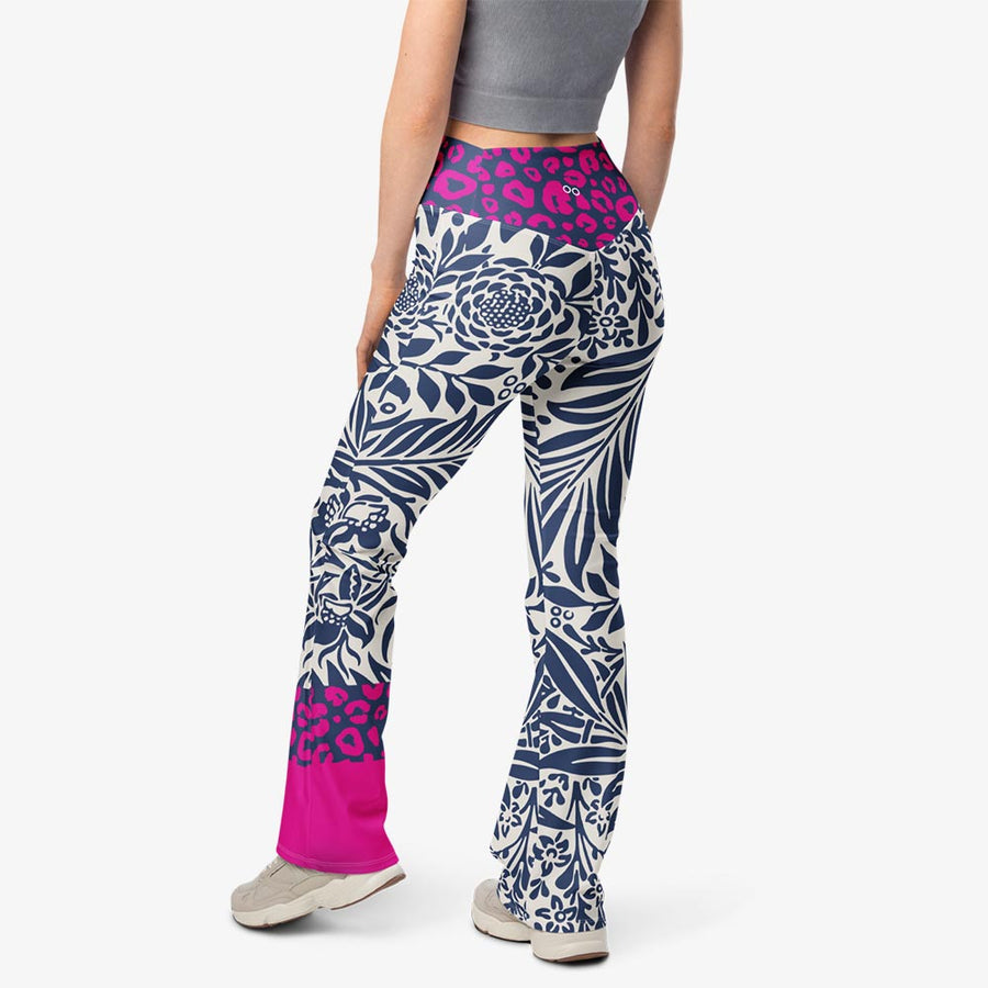 Recycled Flare leggings "Palms & Pards" White/Blue/Fuchsia