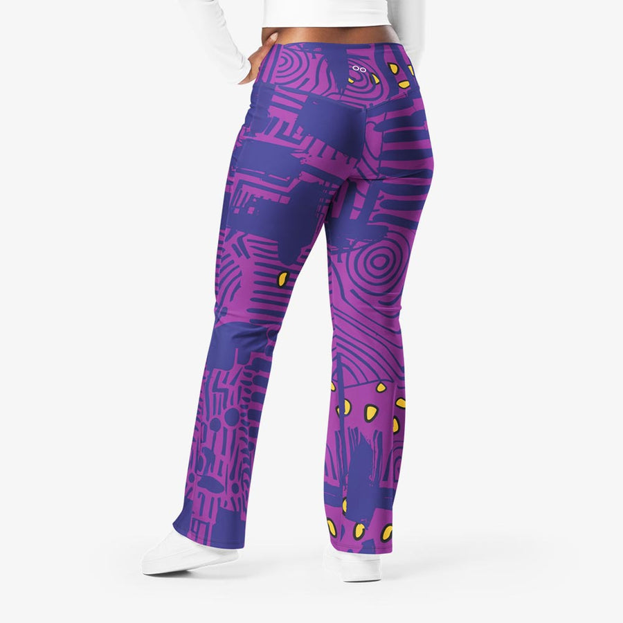 Recycled Flare leggings "Electric Maze" Purple/Yellow