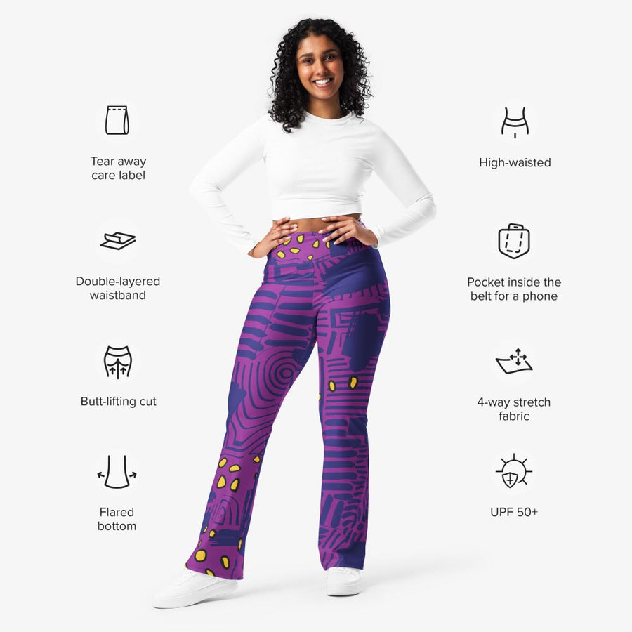 Recycled Flare leggings "Electric Maze" Purple/Yellow