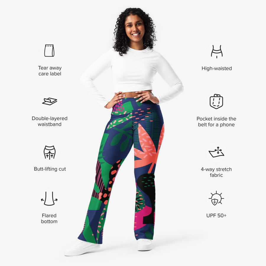 Recycled Flare leggings "Floral Funk" Blue, Green, Coral