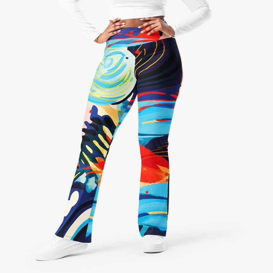 Recycled Flare leggings "Fluid Flow" Blue/Red/Yellow