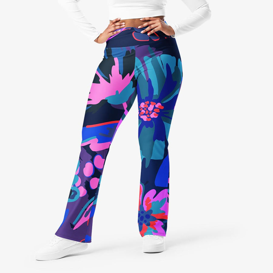 Recycled Flare leggings "Flower Splash" Blue/Fuchsia