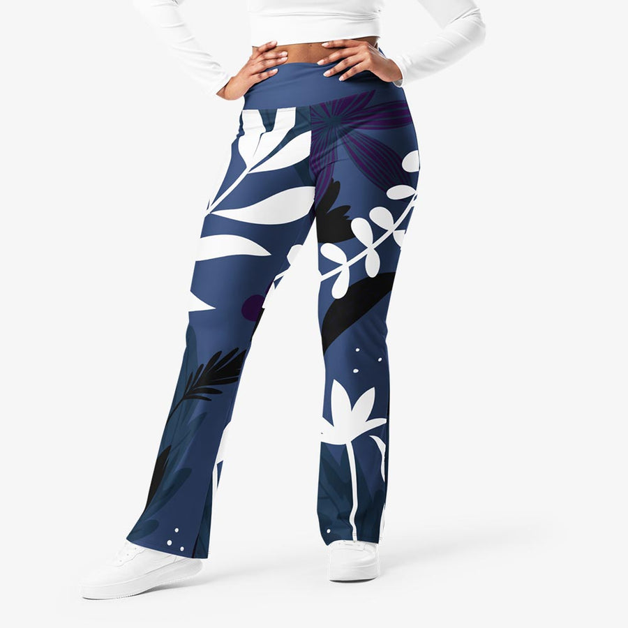 Recycled Flare leggings "Night Garden" Blue/White