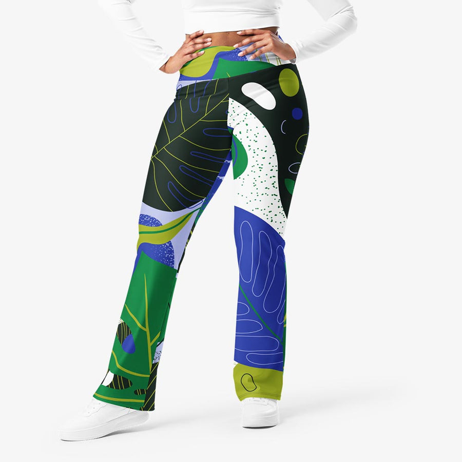 Recycled Flare leggings "Abstract Leaves" Black/Blue/Green