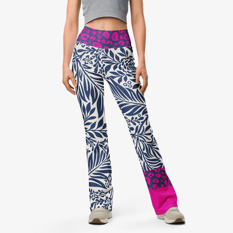 Recycled Flare leggings "Palms & Pards" White/Blue/Fuchsia