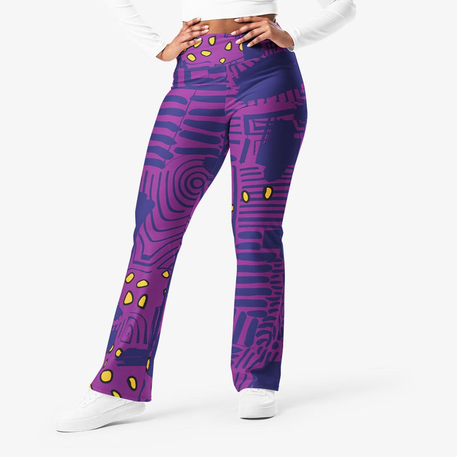 Recycled Flare leggings "Electric Maze" Purple/Yellow