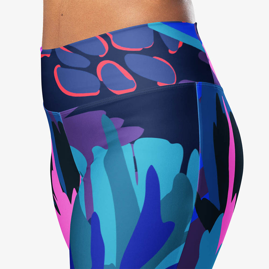 Recycled Flare leggings "Flower Splash" Blue/Fuchsia