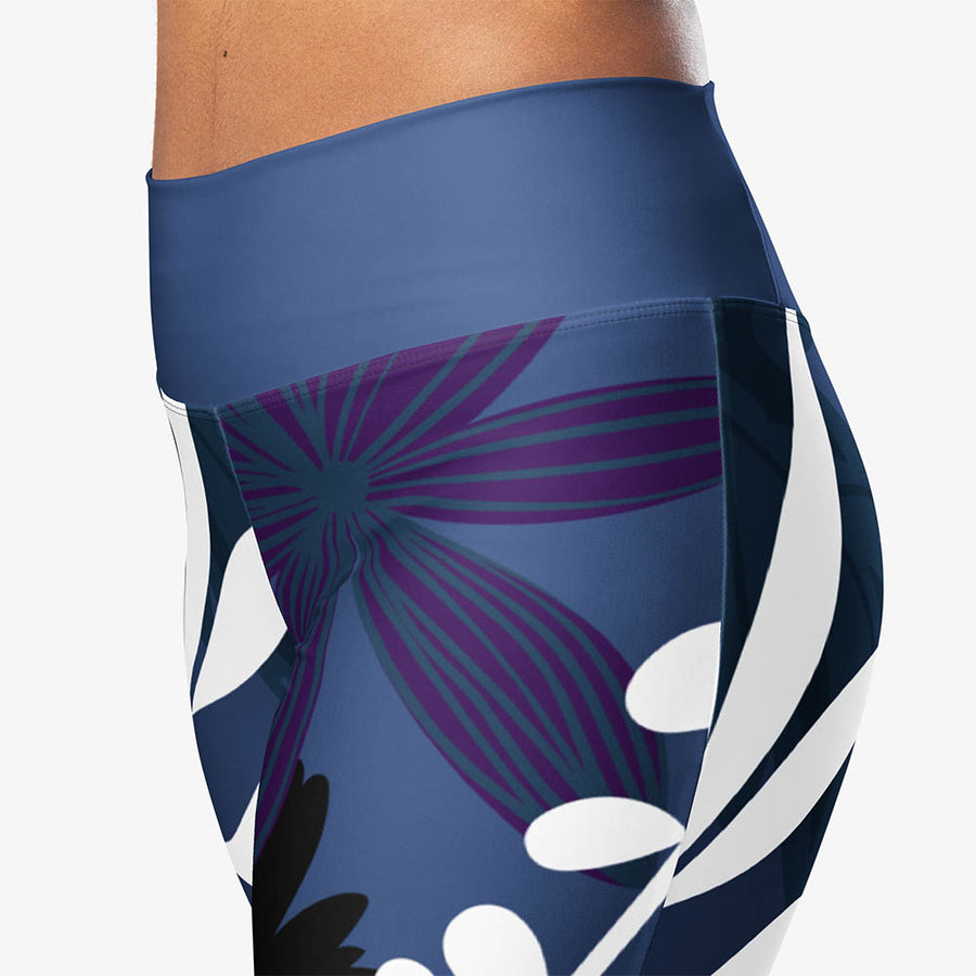 Recycled Flare leggings "Night Garden" Blue/White