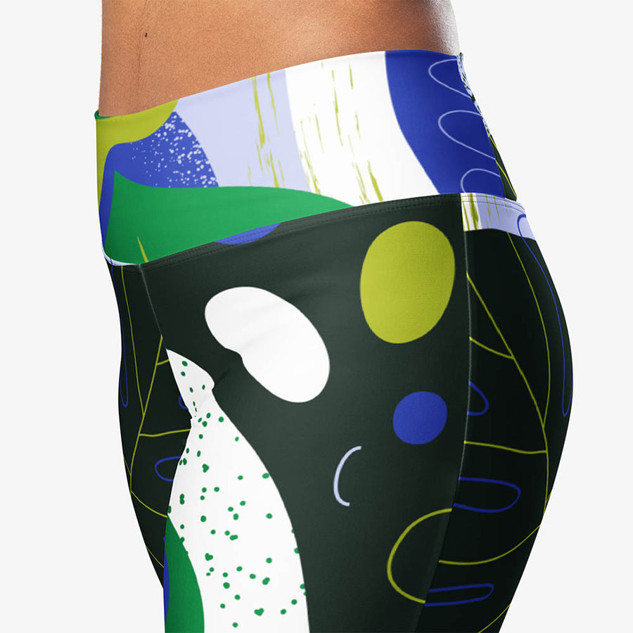 Recycled Flare leggings "Abstract Leaves" Black/Blue/Green