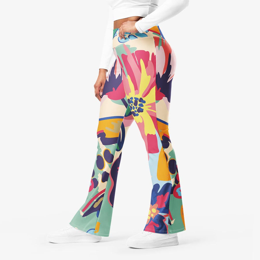 Recycled Flare leggings "Flower Splash" Red/Yellow/Blue