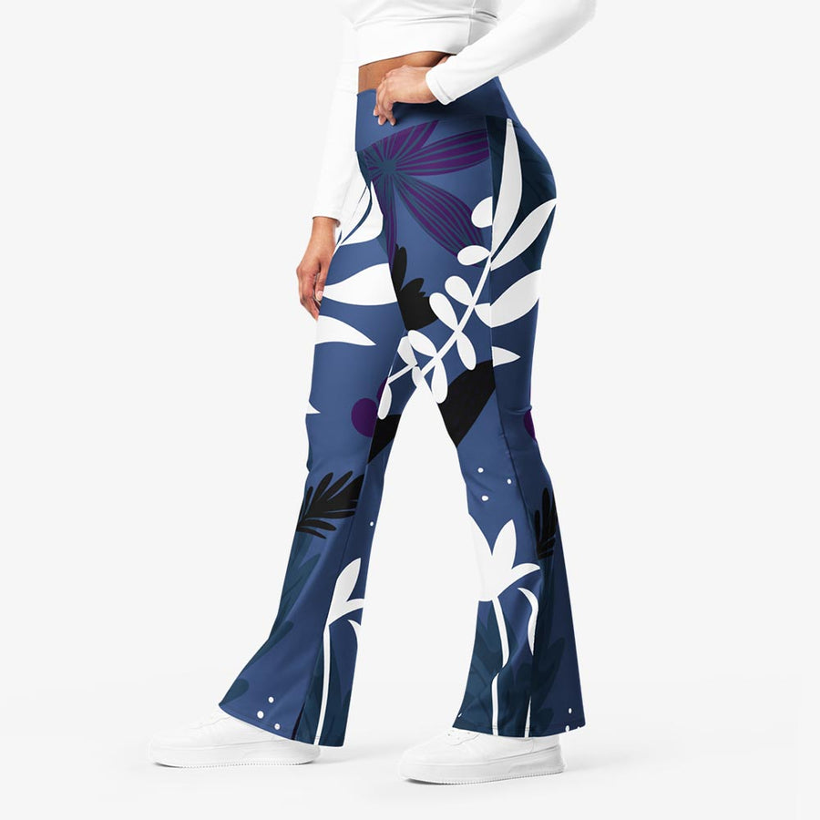 Recycled Flare leggings "Night Garden" Blue/White