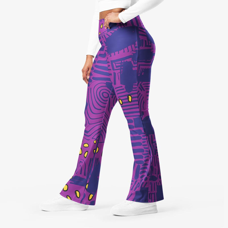 Recycled Flare leggings "Electric Maze" Purple/Yellow