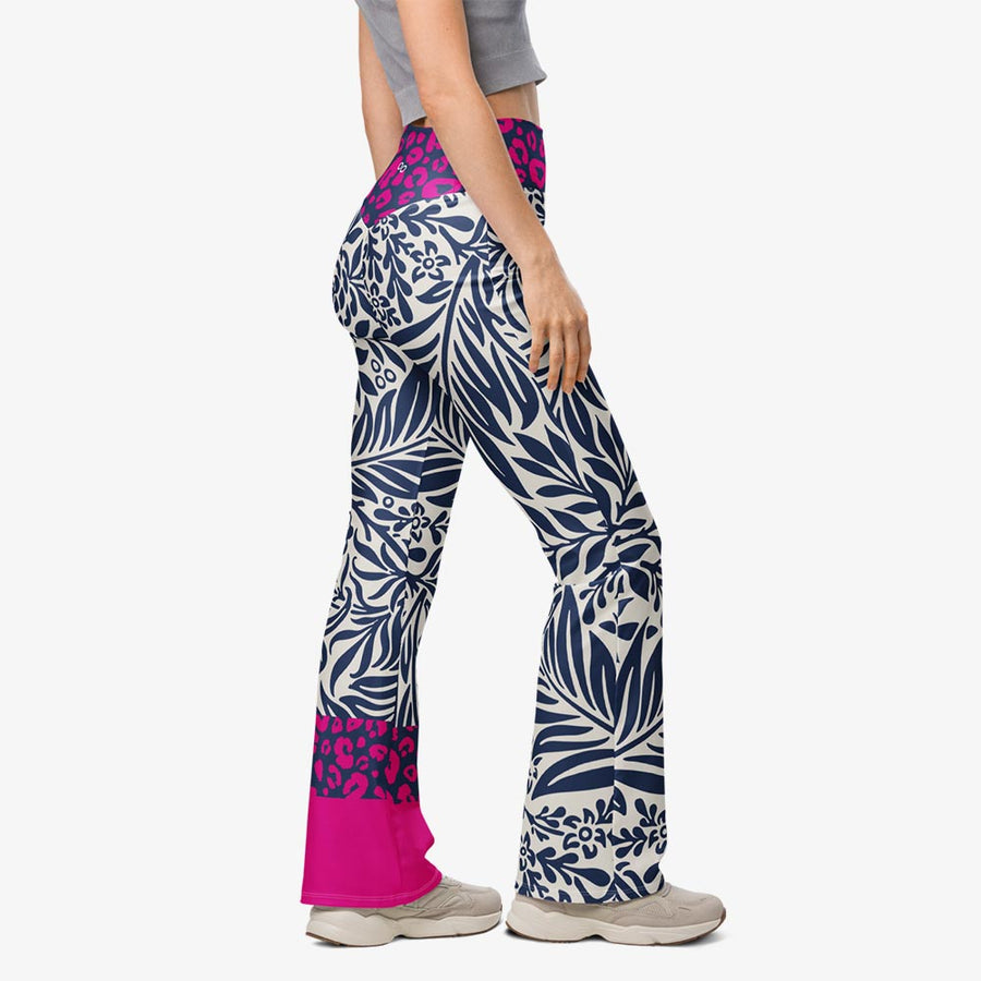 Recycled Flare leggings "Palms & Pards" White/Blue/Fuchsia