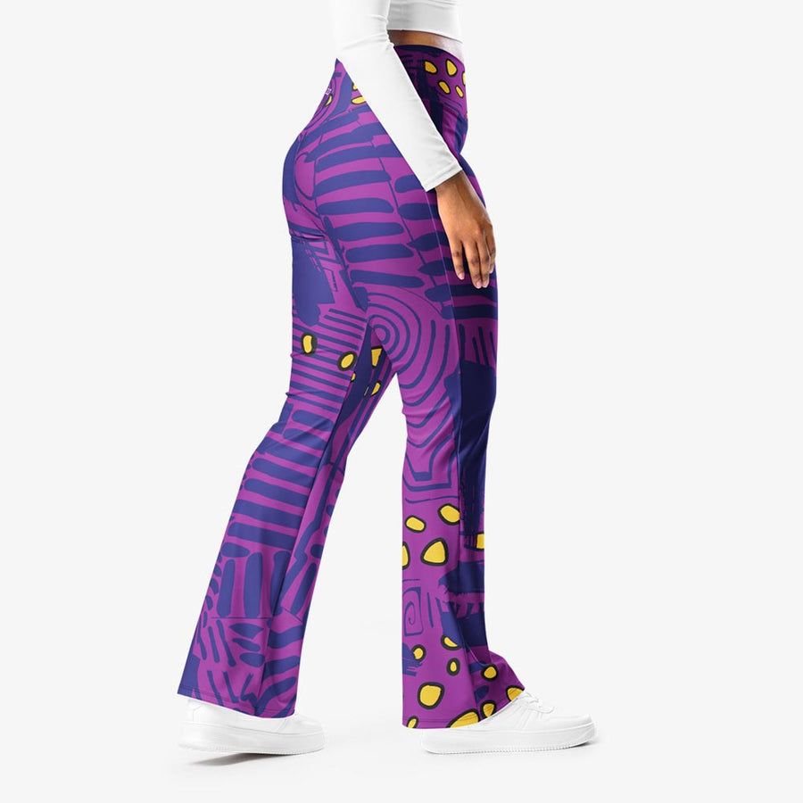 Recycled Flare leggings "Electric Maze" Purple/Yellow