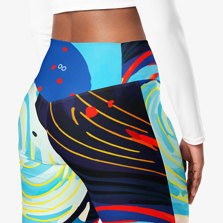 Recycled Flare leggings "Fluid Flow" Blue/Red/Yellow