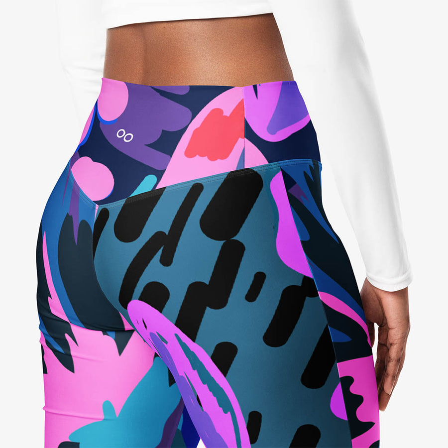 Recycled Flare leggings "Flower Splash" Blue/Fuchsia