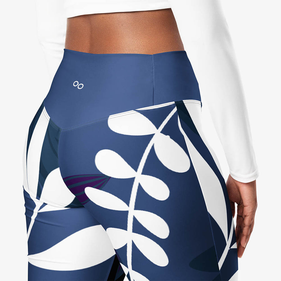 Recycled Flare leggings "Night Garden" Blue/White