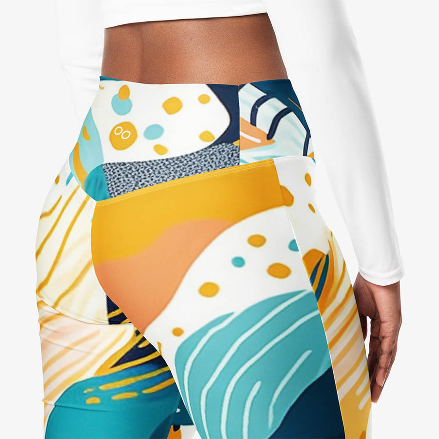 Recycled Flare leggings "Seascape" Turquoise/Blue/Yellow