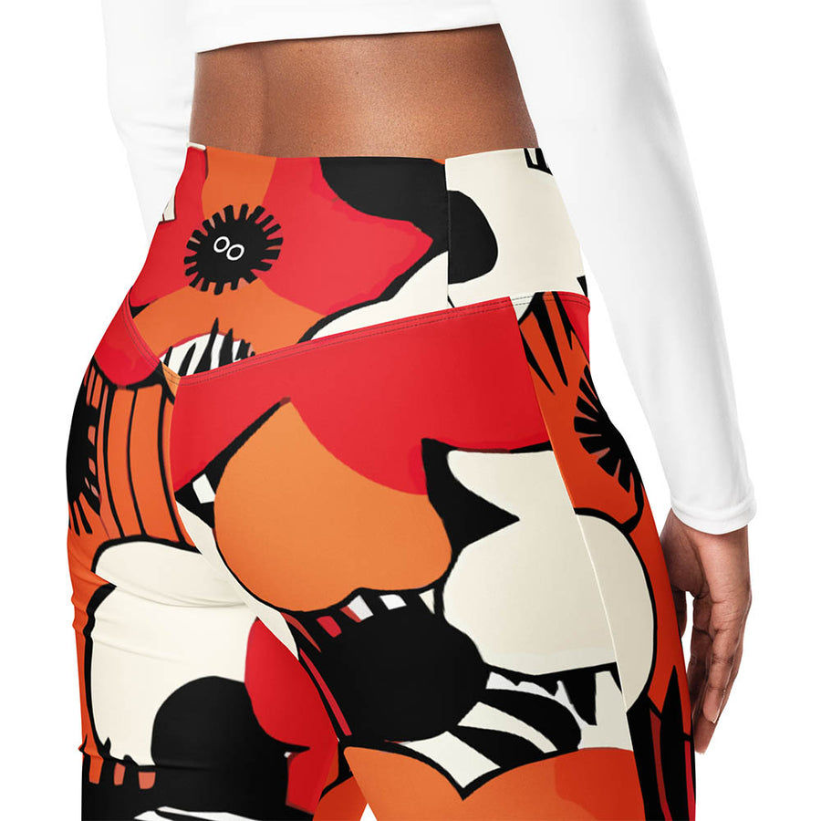 Recycled Flare leggings "Zebra Blossom" Black/Red/Orange