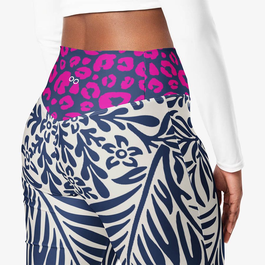 Recycled Flare leggings "Palms & Pards" White/Blue/Fuchsia