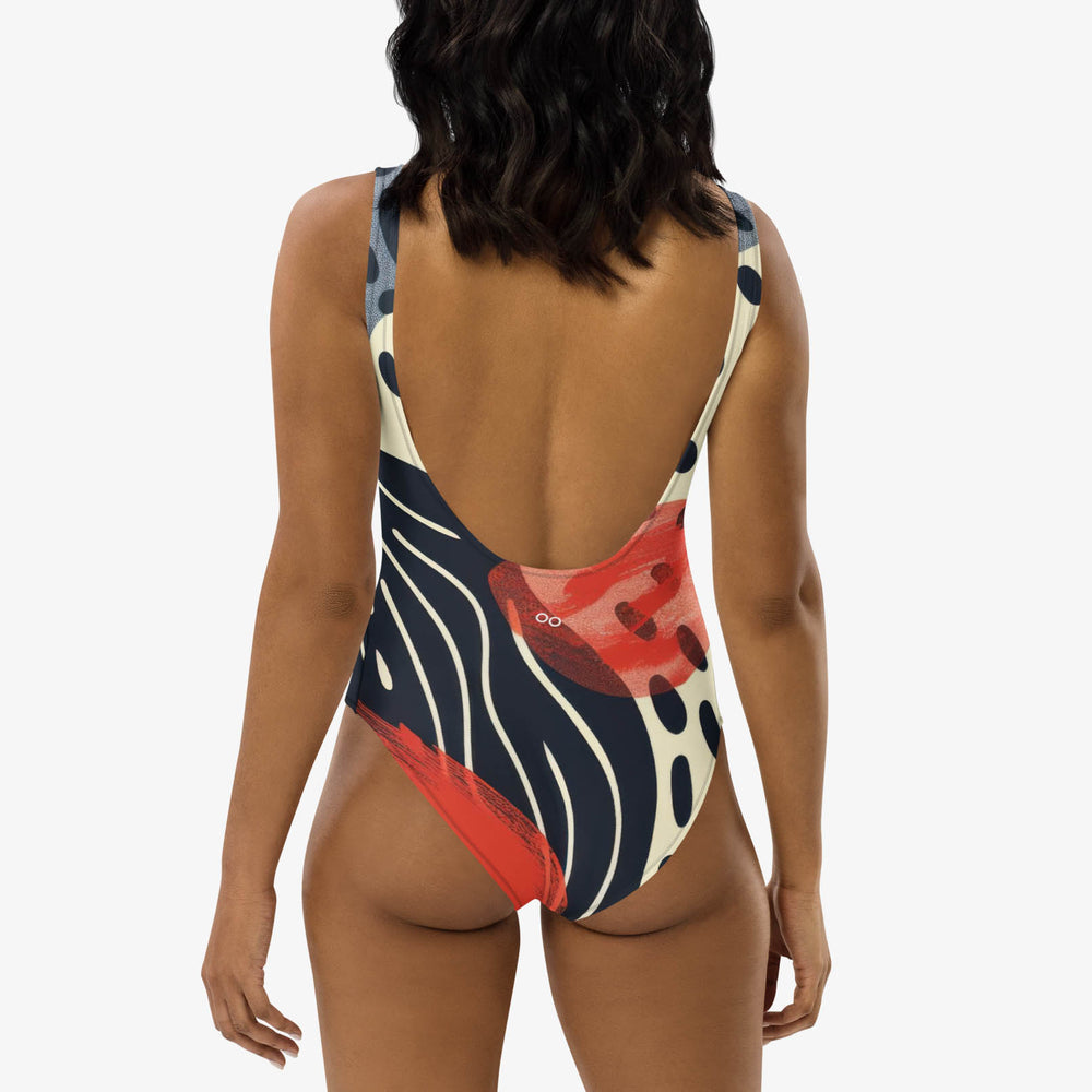 WAREHOUSE One-Piece Printed Swimsuit "Dots & Waves" Midnight Blue/Mustard/Red