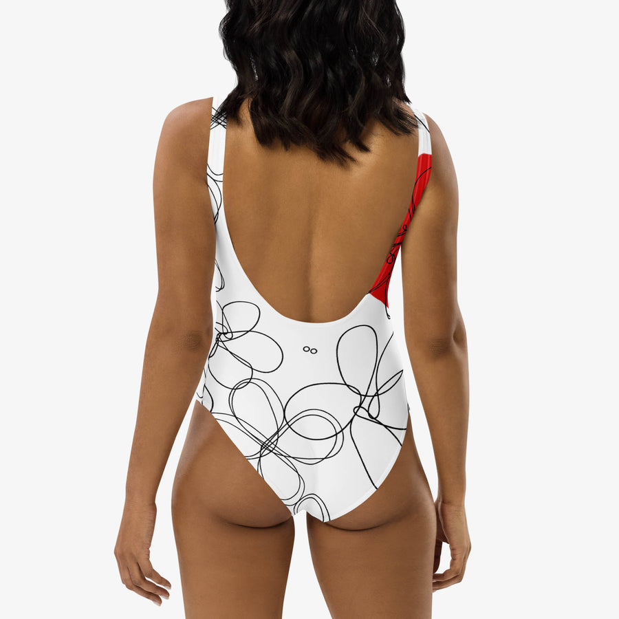 One-Piece Printed Swimsuit "Daisy Doodles" Red