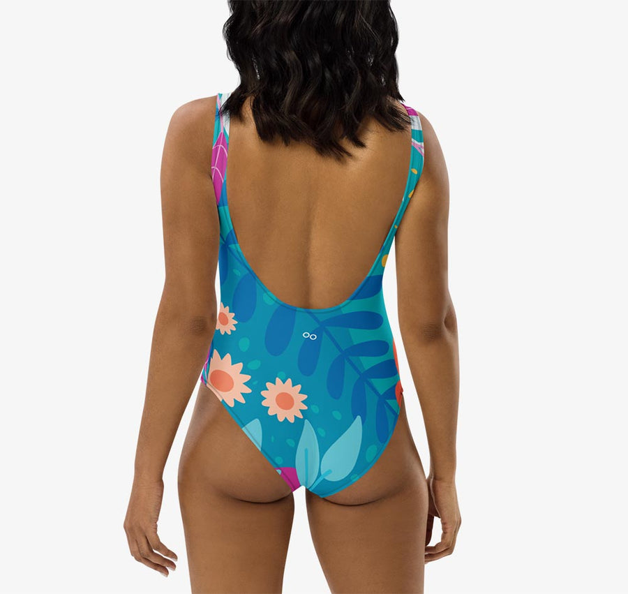 One-Piece Printed Swimsuit "Petal Party" Turquoise/Fuchsia