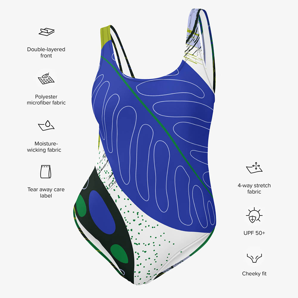 WAREHOUSE One-Piece Printed Swimsuit "Abstract Leaves" Blue/Black/Green