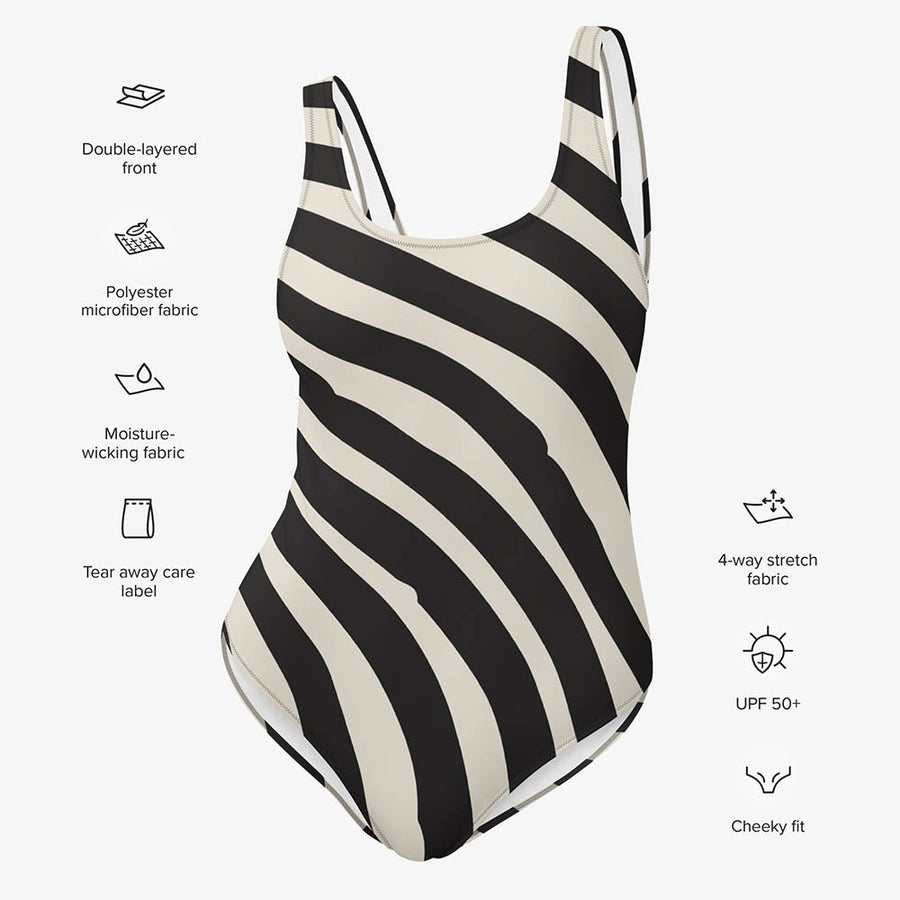 One-Piece Printed Swimsuit "Curvy Stripes" Black/White