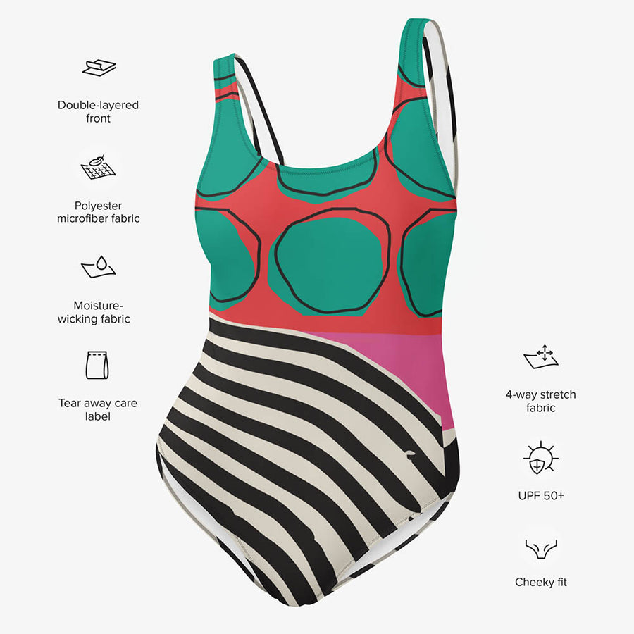 One-Piece Printed Swimsuit "Circus" Red/Purple/Green