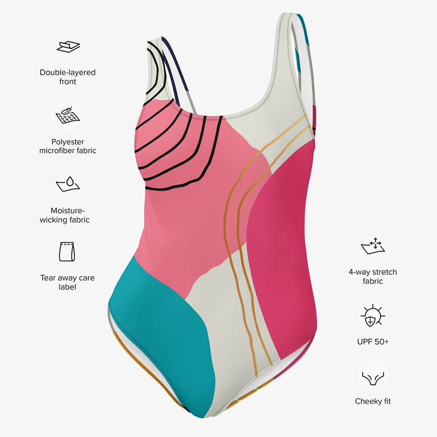 One-Piece Printed Swimsuit "Modernist" Fuchsia/Turquoise