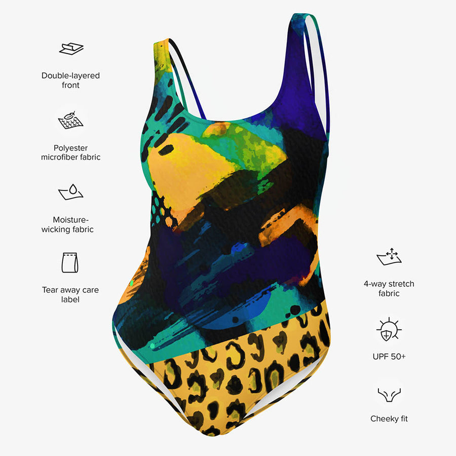 One-Piece Animal Printed Swimsuit "Wild Canvas" Yellow/Turquoise