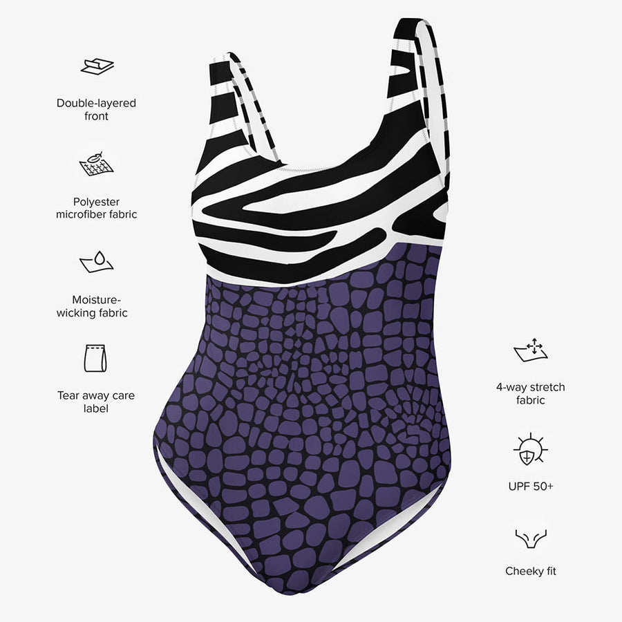One-Piece Animal Printed Swimsuit "CrocoZebra" Purple