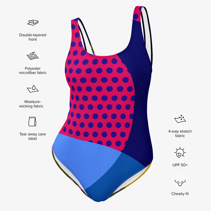 One-Piece Printed Swimsuit "Polkalicious" Red/Yellow/Blue